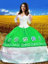  Embroidery Quinceanera Gowns Green Lace Up 3 4 Length Sleeve Floor Length