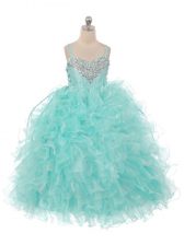  Aqua Blue Sleeveless Organza Lace Up Kids Pageant Dress for Wedding Party