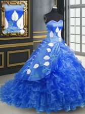  Blue Sleeveless Organza Brush Train Lace Up Quinceanera Gowns for Military Ball and Sweet 16 and Quinceanera