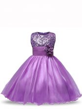  Knee Length Purple Little Girls Pageant Gowns Organza Sleeveless Sequins and Hand Made Flower