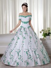  White Off The Shoulder Lace Up Embroidery Quinceanera Dresses Short Sleeves