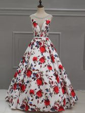  Multi-color A-line Printed Scoop Sleeveless Pattern Floor Length Lace Up Prom Dresses