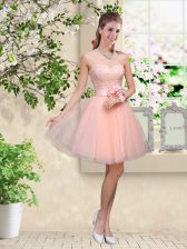  Tulle Sweetheart Sleeveless Lace Up Lace and Belt Dama Dress in Peach