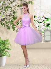 Noble A-line Dama Dress for Quinceanera Lavender Halter Top Tulle Sleeveless Knee Length Lace Up