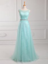  Apple Green Long Sleeves Floor Length Lace and Belt Zipper Prom Party Dress