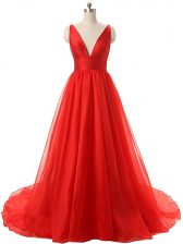  V-neck Sleeveless Brush Train Backless Homecoming Dress Red Organza