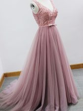 Top Selling Pink Court Dresses for Sweet 16 Tulle Brush Train Sleeveless Beading and Belt