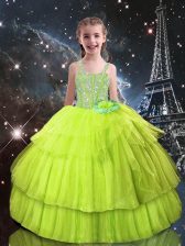  Yellow Green Sleeveless Floor Length Beading and Ruffled Layers Lace Up Little Girls Pageant Dress
