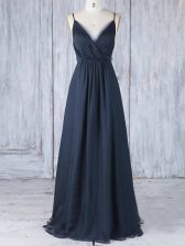 Excellent Spaghetti Straps Sleeveless Vestidos de Damas Floor Length Ruching Navy Blue Chiffon