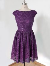 Popular Empire Quinceanera Court Dresses Dark Purple Scoop Lace Sleeveless Knee Length Lace Up