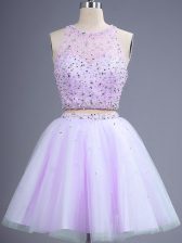  Lavender Lace Up Scoop Beading Dama Dress for Quinceanera Tulle Sleeveless