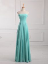 Customized Aqua Blue Chiffon Lace Up Strapless Sleeveless Floor Length Dama Dress for Quinceanera Ruching