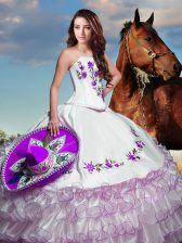 Discount White Strapless Lace Up Embroidery and Ruffled Layers 15 Quinceanera Dress Sleeveless