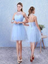 Shining Halter Top Sleeveless Damas Dress Knee Length Ruching Blue Tulle