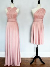  Pink Empire Halter Top Sleeveless Chiffon Floor Length Lace Up Ruching Vestidos de Damas