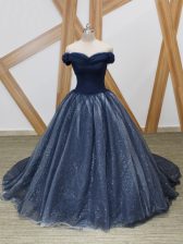 Traditional Navy Blue Sleeveless Brush Train Ruching Prom Party Dress