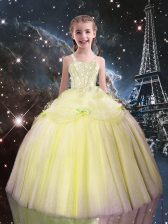  Light Yellow Sleeveless Beading Floor Length Kids Pageant Dress
