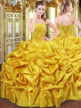 Enchanting Floor Length Gold Ball Gown Prom Dress Taffeta Sleeveless Beading and Pick Ups