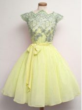  Yellow A-line Scalloped Cap Sleeves Chiffon Knee Length Lace Up Lace and Belt Dama Dress