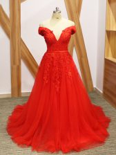 Adorable Coral Red A-line Off The Shoulder Sleeveless Tulle Brush Train Lace Up Lace and Appliques Evening Dress