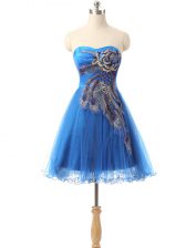 Comfortable Blue A-line Sweetheart Sleeveless Tulle Mini Length Side Zipper Appliques 
