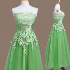  Empire Quinceanera Dama Dress Green Strapless Tulle Sleeveless Tea Length Lace Up