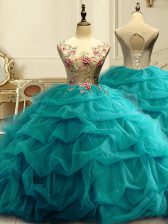 Elegant Floor Length Lace Up 15 Quinceanera Dress Teal for Military Ball and Sweet 16 and Quinceanera with Appliques and Ruffles and Sequins
