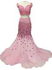 Deluxe Baby Pink Tulle Zipper Prom Evening Gown Sleeveless Brush Train Beading