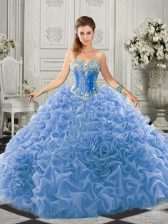 Wonderful Light Blue Lace Up Sweetheart Beading and Ruffles Vestidos de Quinceanera Organza Sleeveless Court Train