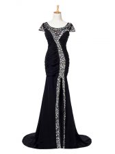 Enchanting Black Cap Sleeves Brush Train Beading and Ruching Prom Dress