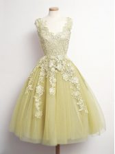 Custom Designed Yellow Tulle Lace Up Court Dresses for Sweet 16 Sleeveless Knee Length Appliques
