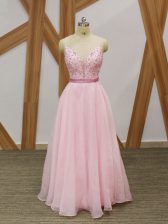 Extravagant Baby Pink A-line Chiffon V-neck Sleeveless Beading and Embroidery Floor Length Zipper Dress for Prom