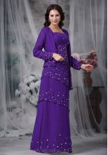 Traditional Beading Prom Gown Eggplant Purple Zipper Sleeveless Floor Length