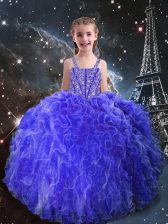 Eggplant Purple Straps Neckline Beading and Ruffles Little Girl Pageant Gowns Sleeveless Lace Up