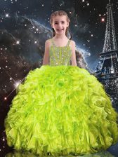 Graceful Beading and Ruffles Little Girl Pageant Dress Yellow Green Lace Up Sleeveless Floor Length