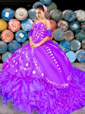  Sleeveless Brush Train Embroidery and Ruffles Lace Up Quince Ball Gowns