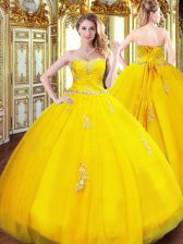  Gold Ball Gowns Sweetheart Sleeveless Tulle Floor Length Lace Up Beading and Appliques Quinceanera Dress