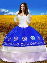  Taffeta Off The Shoulder 3 4 Length Sleeve Lace Up Embroidery Ball Gown Prom Dress in Royal Blue