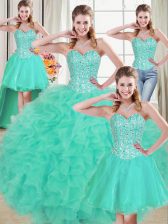 Fashion Brush Train Three Pieces 15 Quinceanera Dress Turquoise Sweetheart Organza Sleeveless Lace Up