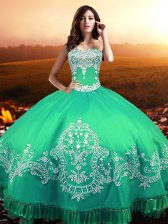 Romantic Turquoise Sleeveless Floor Length Beading and Appliques Lace Up Sweet 16 Dress