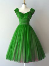  A-line Vestidos de Damas Green V-neck Chiffon Cap Sleeves Knee Length Lace Up