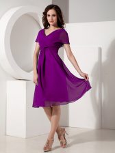 Decent Eggplant Purple Chiffon Zipper Homecoming Dress Short Sleeves Knee Length Ruching
