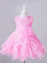  Sleeveless Zipper Knee Length Beading and Hand Made Flower Kids Pageant Dress