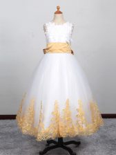  Floor Length White Kids Pageant Dress Scoop Sleeveless Lace Up