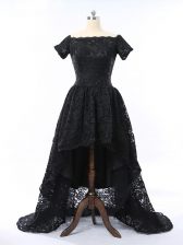 Low Price Black Short Sleeves High Low Lace Zipper 