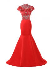 Glittering Coral Red Satin Zipper Homecoming Dress Short Sleeves Sweep Train Beading
