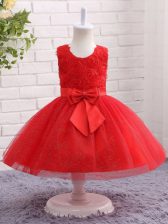  Red Scoop Neckline Bowknot Little Girl Pageant Gowns Sleeveless Zipper