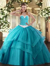  Teal Ball Gowns Sweetheart Sleeveless Tulle Floor Length Lace Up Appliques and Ruffled Layers Sweet 16 Quinceanera Dress