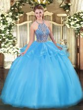 Comfortable Sleeveless Tulle Floor Length Lace Up 15th Birthday Dress in Aqua Blue with Beading and Ruffles
