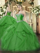 Discount Green Ball Gowns Tulle Sweetheart Sleeveless Beading and Ruffles Floor Length Lace Up Vestidos de Quinceanera